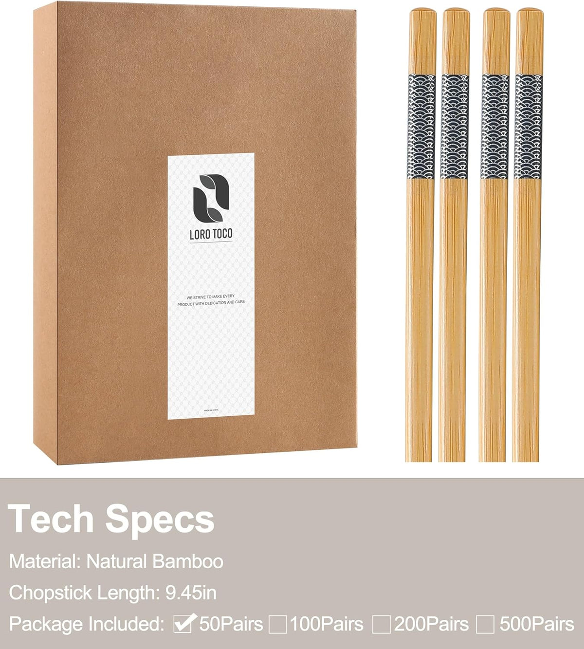 50 Pairs Bamboo Chopsticks Disposable | Separated | Reusable | Dishwasher Safe- (9.45in)