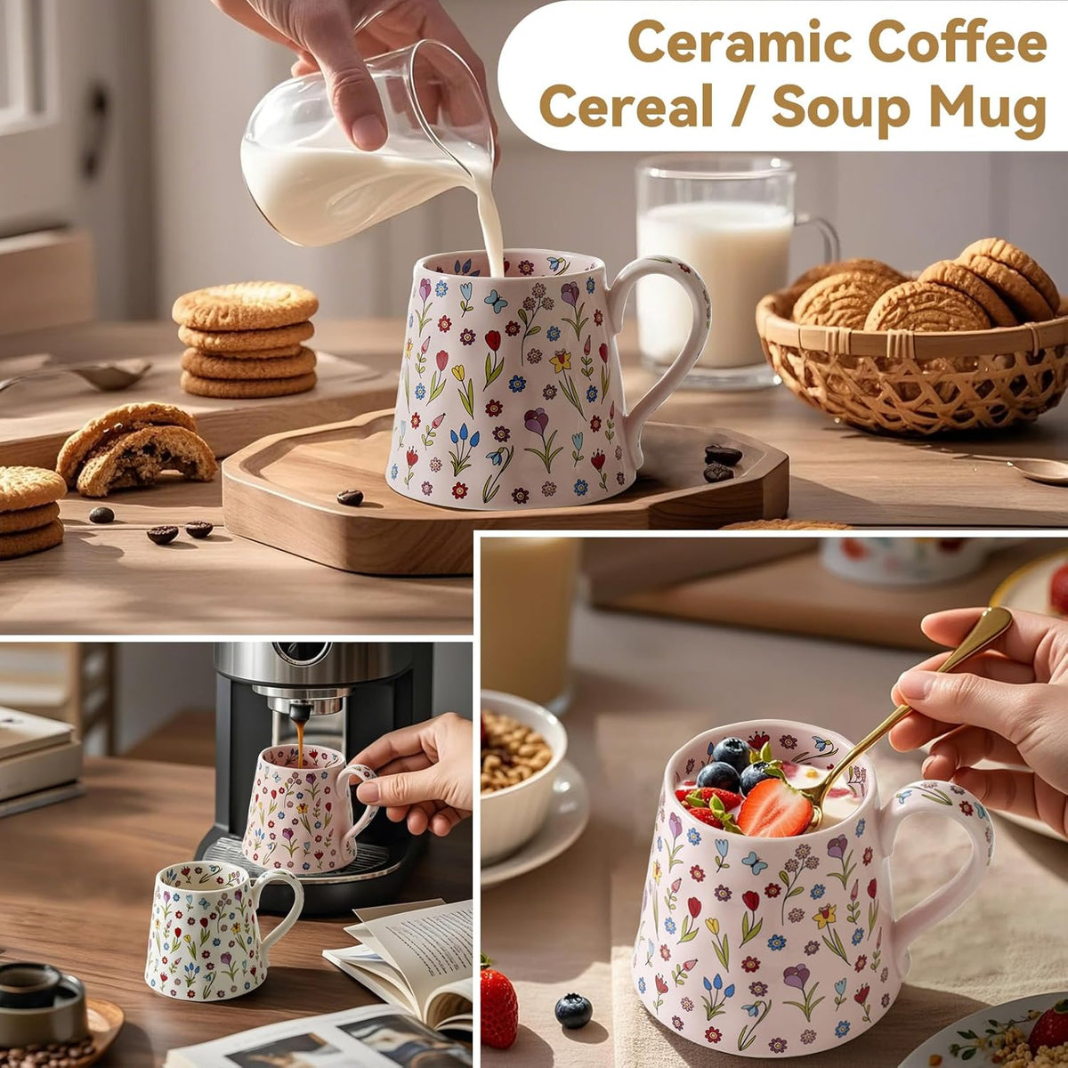 Ceramic Coffee Mug, Cute Creative Cup w/Unique Design Home Office, 12 oz Latte Tea Milk Gift for Women Girls Friend (White)