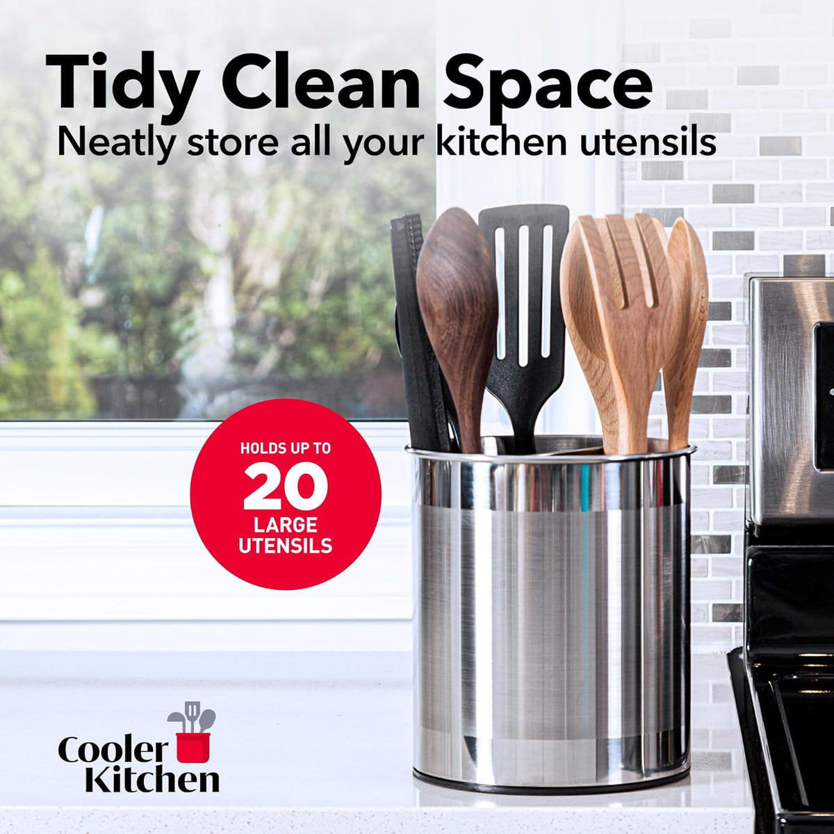 Cooler Kitchen Rotating Extra Large Stainless Steel Utensil Holder Caddy with Sturdy No-Tip Weighted Base, Removable Divider, and Gripped Insert Bottom -Dishwasher Safe Metal Cooking Utensil Holder…