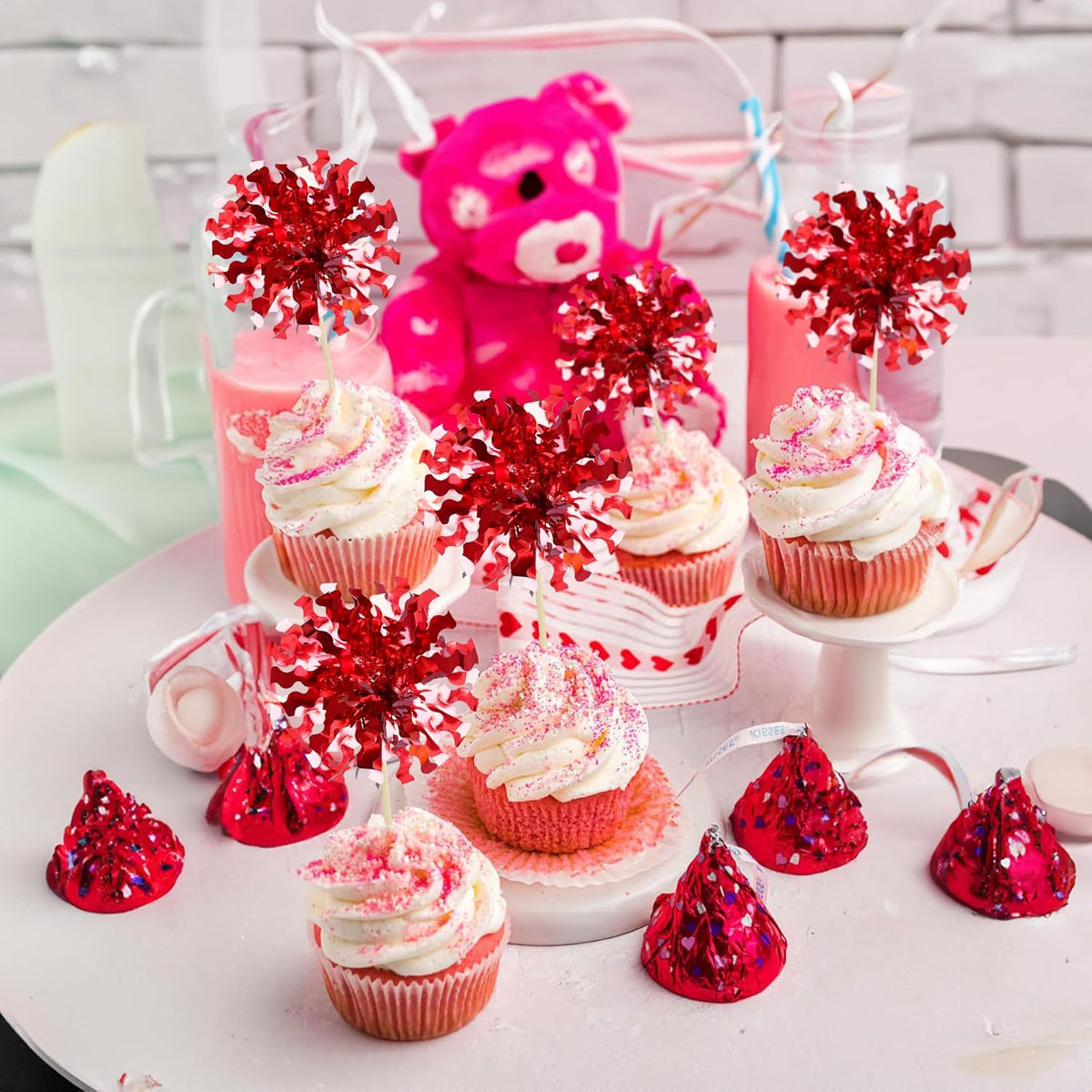 Ephlyn 30Pcs Foil Firework Cupcake Toppers Happy Birthday Cake Toppers Tinsel Flower Drink Stirrers Cocktail Food Fruit Toothpicks for Valentine's Day Party Decorations Red
