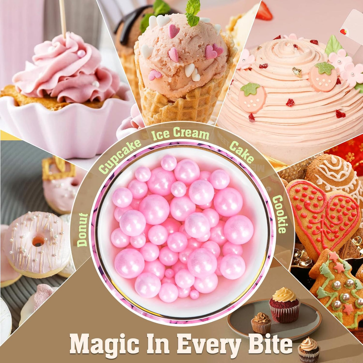 Twisweet Pink Pearl Sprinkles for Cake Decorating, Edible Sugar Pearls for Baking, Mix Size, Cake Topper Cupcake Cookie Ice Cream Dessert Decorations, Baby Shower Wedding Birthday Valentine Supplies (130g/4.58oz)