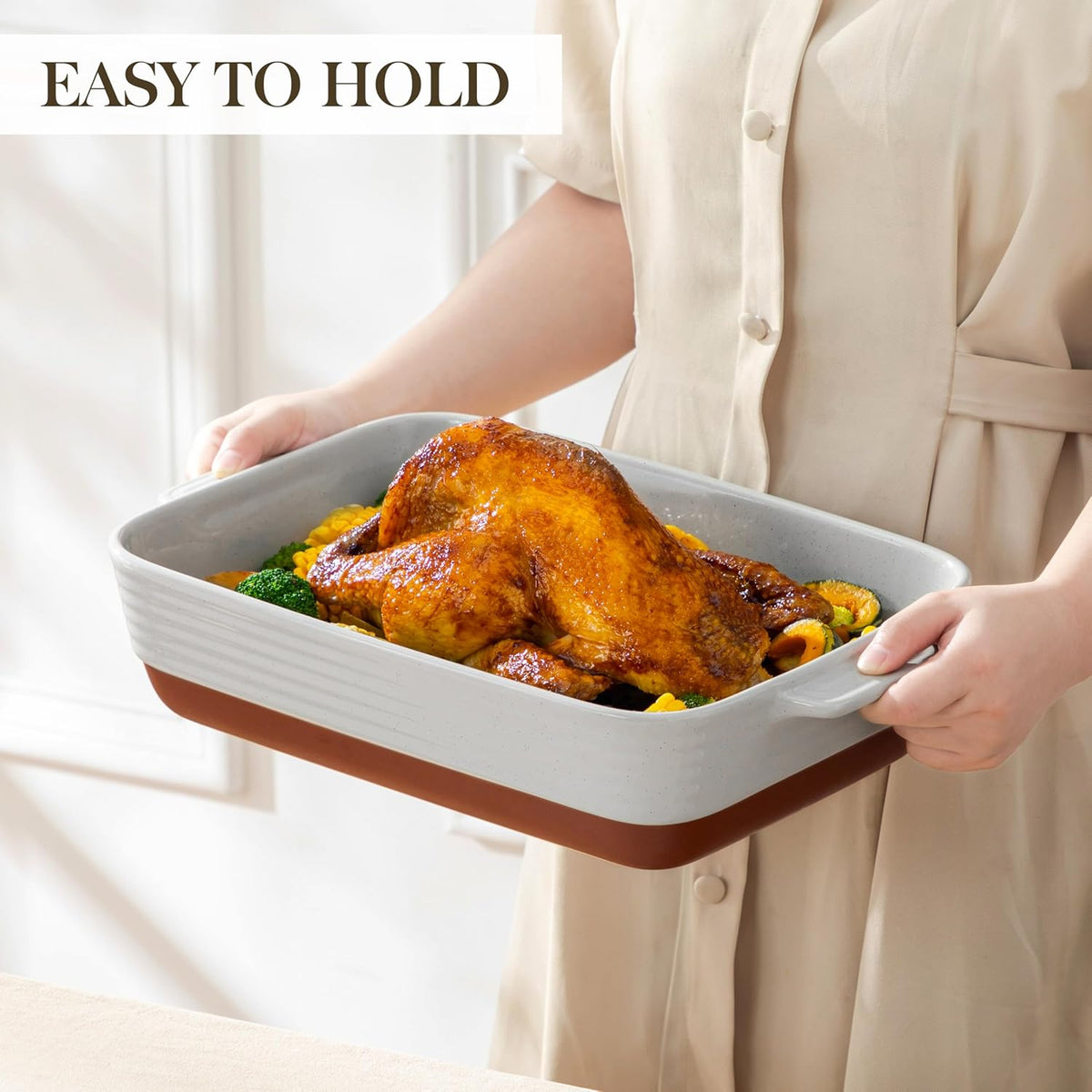 MALACASA Lasagne Dishes for Oven, 4.8 Qt Ceramic Oven Dish with Handles, 9 x 13 Inch Deep Rectangular Baking Dish Casserole Dishes, Grey Lasagna Pan Bakeware for Roasting, Series TARA