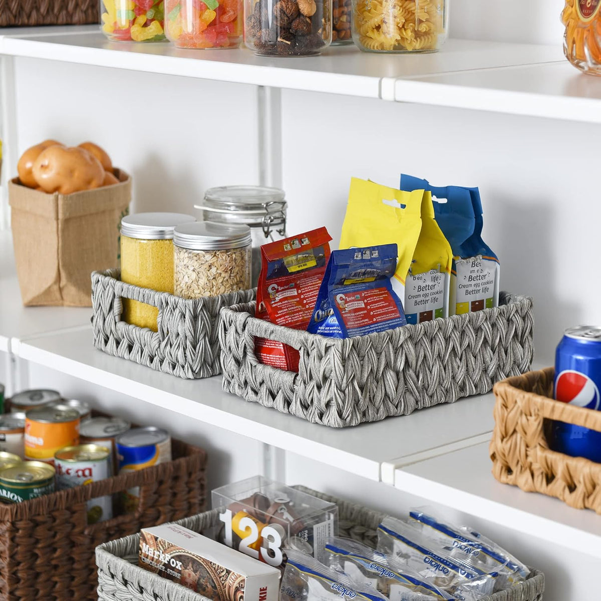 GRANNY SAYS Wicker Baskets for Storage, Waterproof Rattan Storage Baskets, Odorless Wicker Basket with Handles, Decorative Storage Containers, Gray Basket for Pantry Storage, 2-Pack