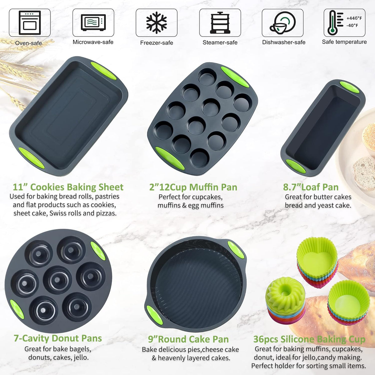 To encounter 41 Pieces Silicone Baking Pan Set, Silicone Cake Molds, Baking Sheet, Donut Pan, Muffin Pan with 36 Pack Baking Cups, Dishwasher Safe