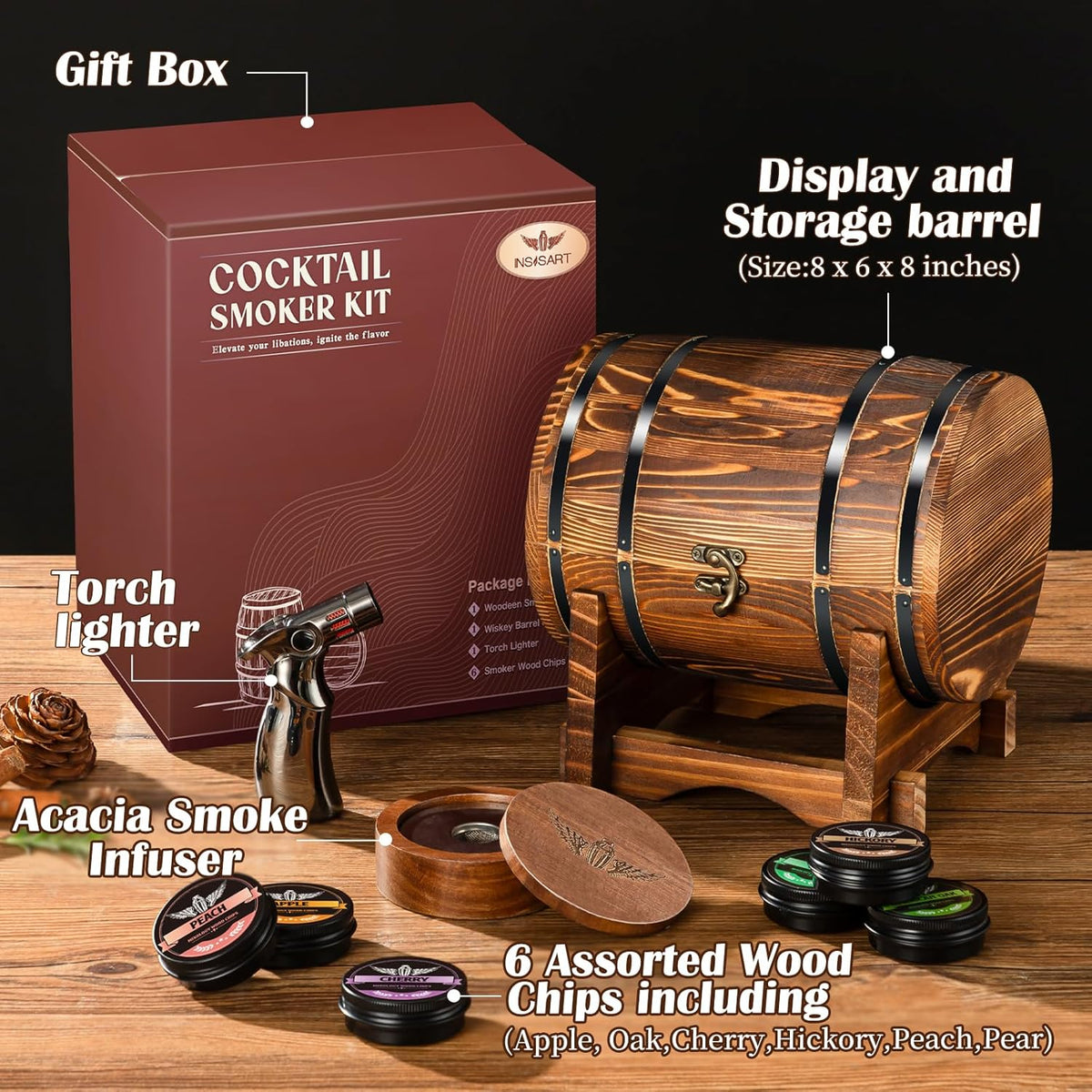 Whiskey Smoker Kit with Charred Wood Barrel (Patent Pending) – Cocktail Smoker with Torch & 6 Premium Wood Chips for Old Fashioned & Whiskey – Perfect Home Bar Gift for Men, Dad, Husband (No Butane)