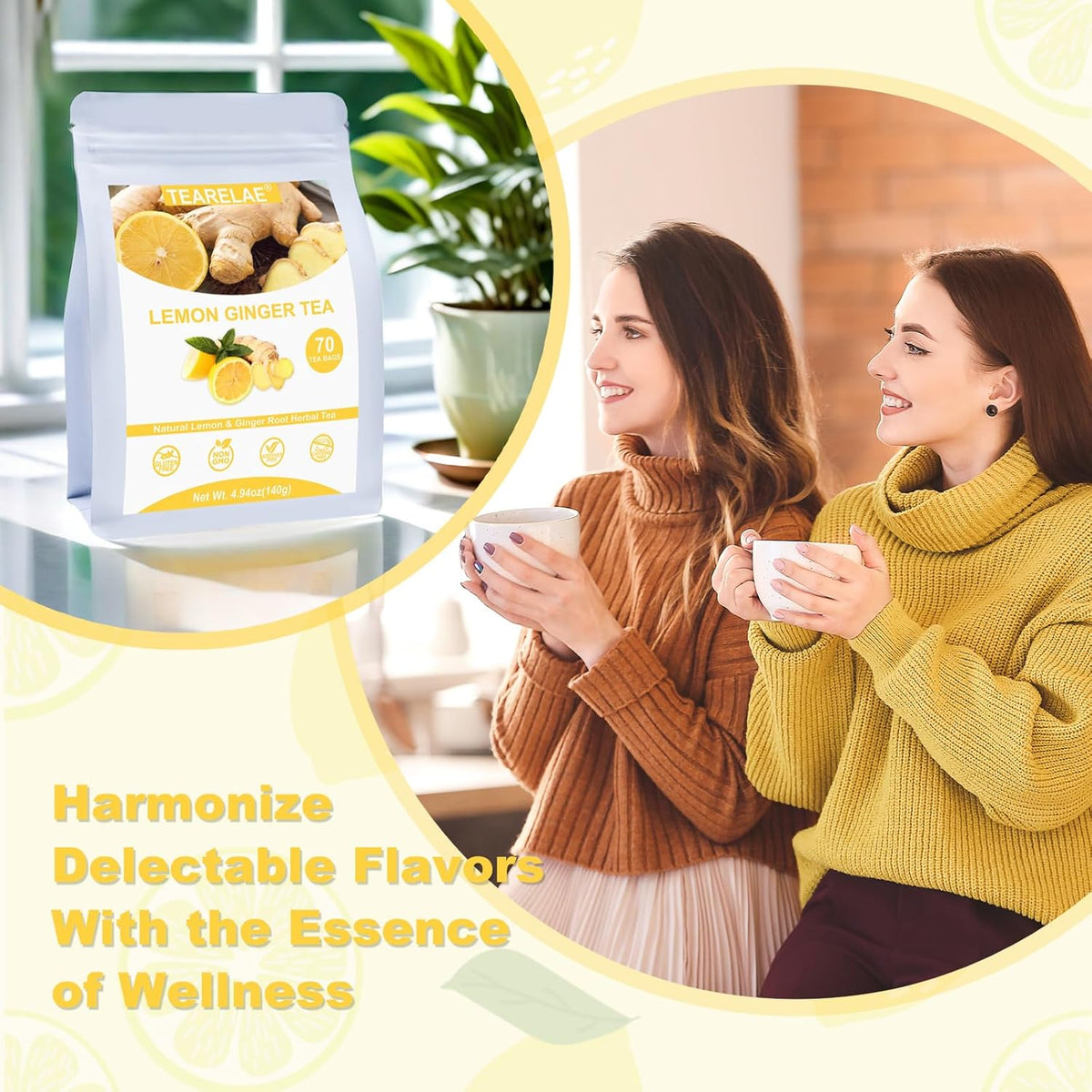 TEARELAE - Lemon Ginger Tea Bags, 70 Count - Natural & Pure Herbal Tea with Ginger Root, Lemon, Lemongrass - Non-GMO - Caffeine-free - Support Healthy Digestion