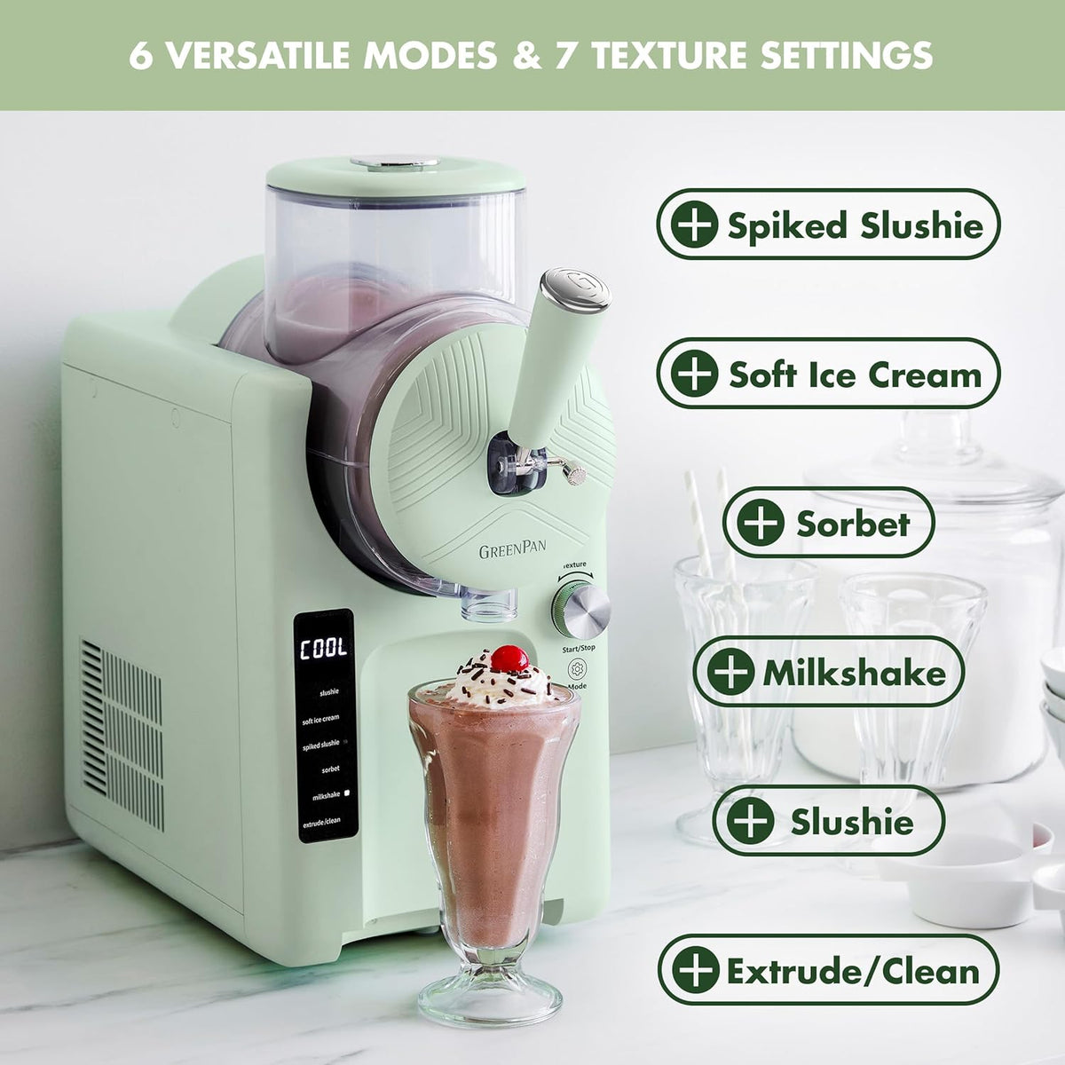 GreenPan Frost Ice Cream Machine & Frozen Drink Maker, Soft Serve, Slushie, Sorbet, Milkshakes & Cocktails, No Freezer Needed, 7 Textures, Quiet & Rapid, Easy Clean, Family Size, Pistachio Sage
