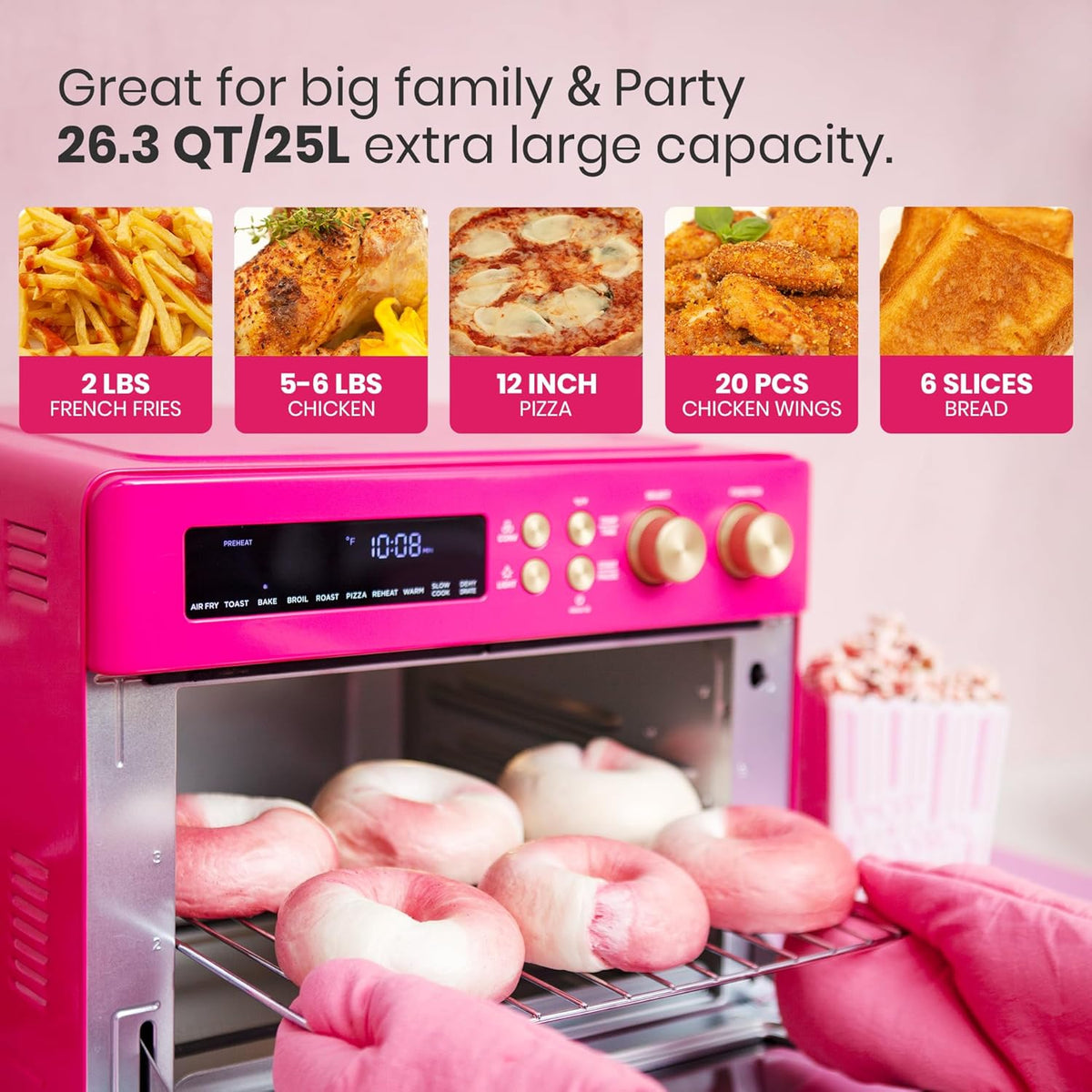 Limited Edition Happy Pink Infrared Heating Air Fryer Toaster Oven, Extra Large Countertop Convection Oven 10-in-1 Combo, 6-Slice Toast, Enamel Baking Pan Easy Clean with Recipe Book