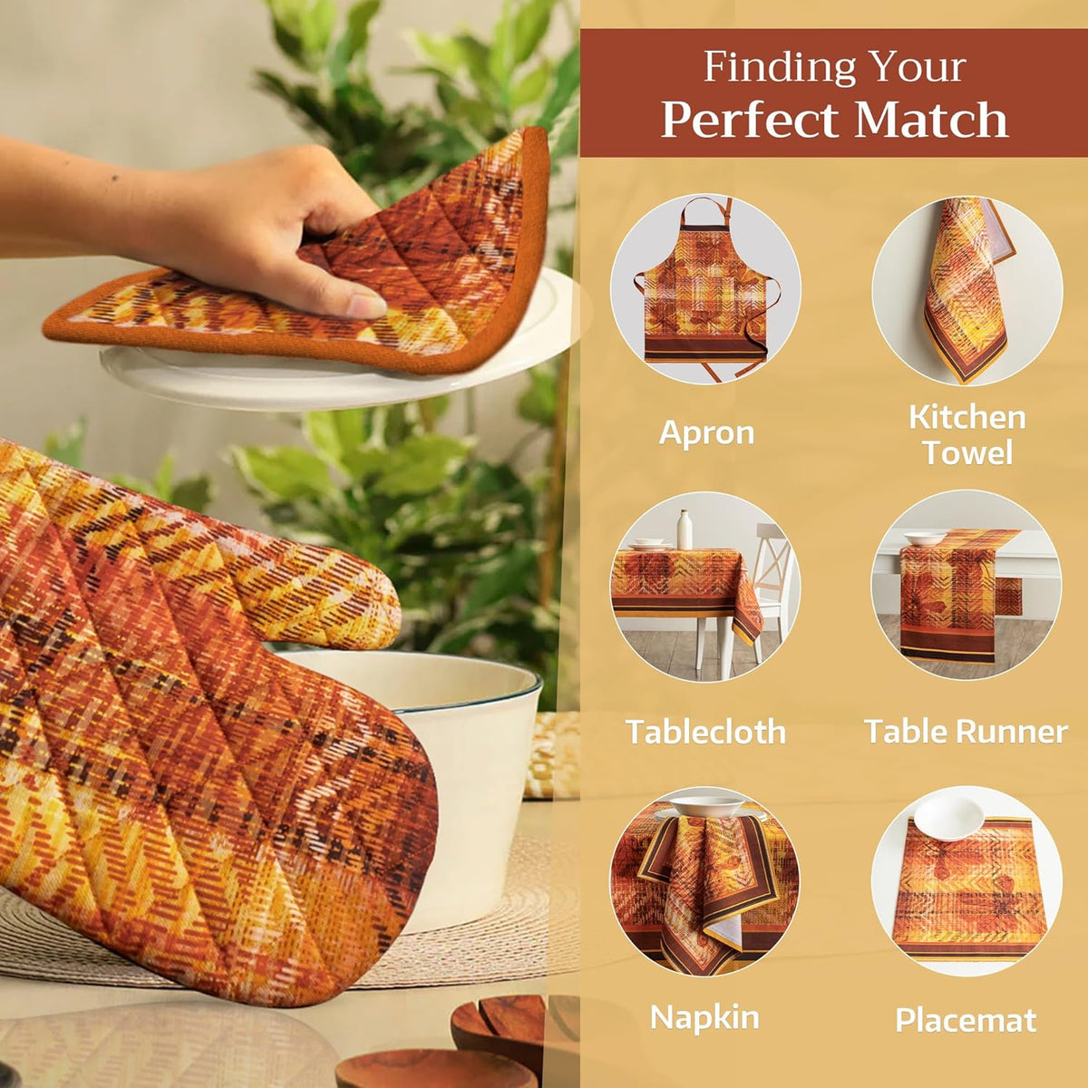 Maison d' Hermine Oven Gloves 100% Cotton Oven Mitt 7" x 13" with Loop Heat Resistant, BBQ, Cooking Gloves, Baking, Grilling, Kitchen, Handling Hot Pans (Pack of 1, Thanksgiving Tartan)