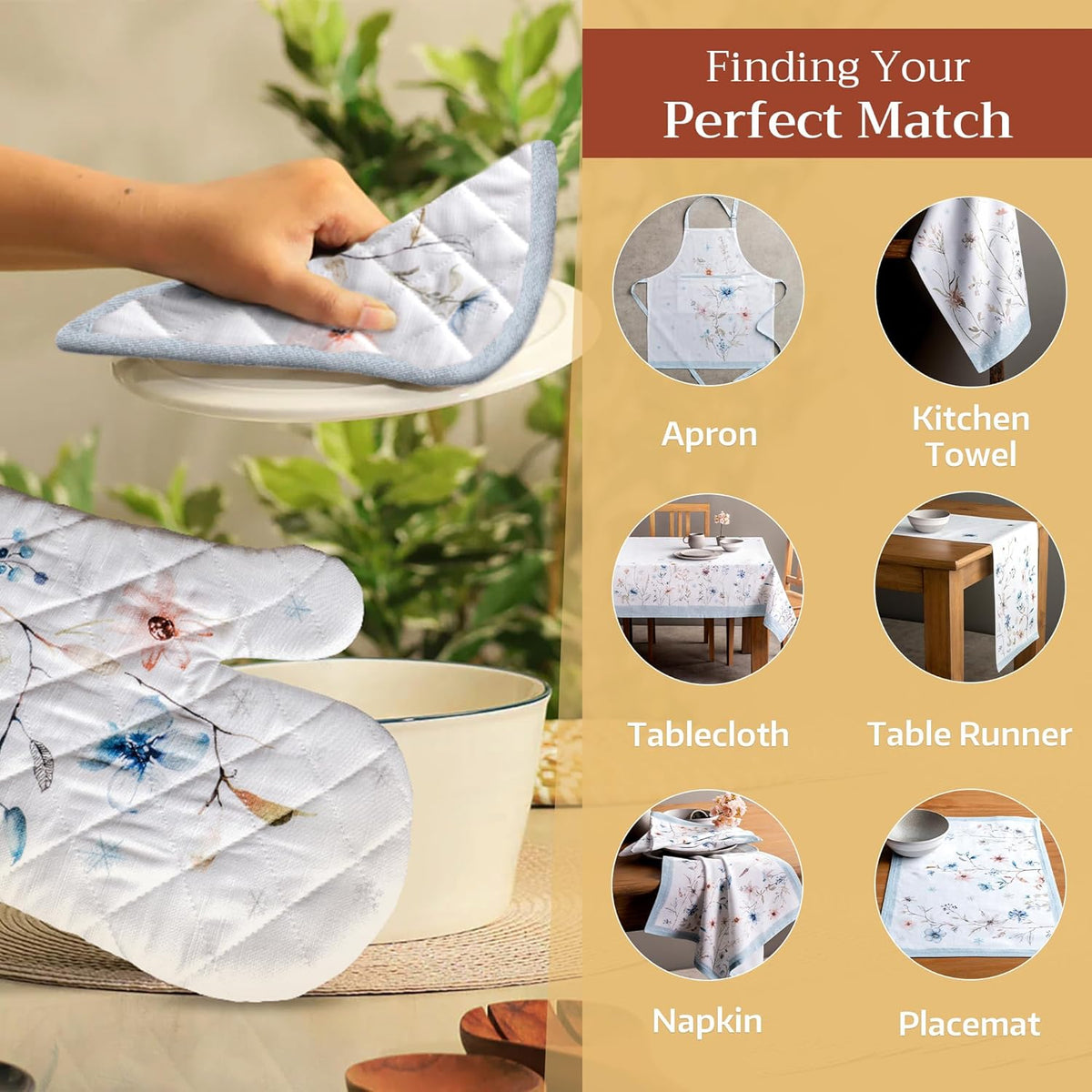 Maison d' Hermine Oven Gloves 100% Cotton Oven Mitt 7" x 13" with Loop Heat Resistant, BBQ, Cooking Gloves, Baking, Grilling, Kitchen, Handling Hot Pans (Pack of 1, Ice Florals)