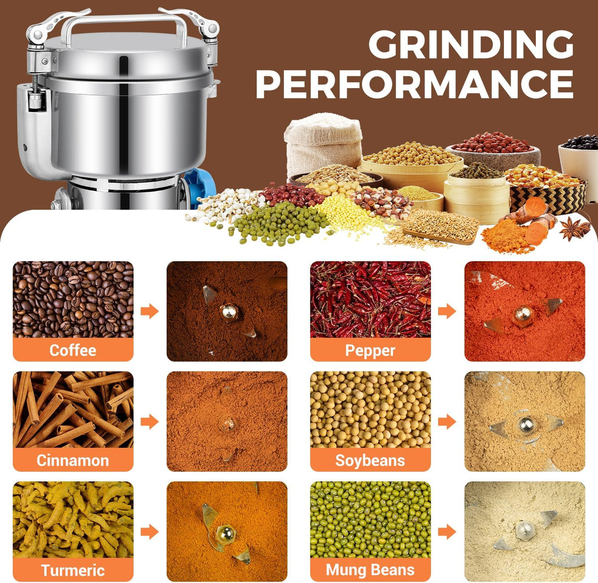 Grain Mill Grinder, 750g Commercial Spice Grinder Electric 2000W Stainless Steel Pulverizer Dry Grinder for Grinding Wheat, Oats, Corn, Pepper, and Coffee Beans β Grinder for Kitchen.