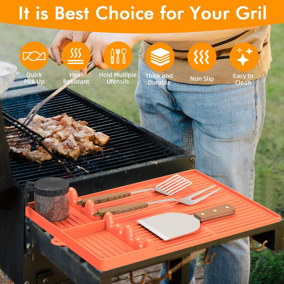 Silicone Griddle Tool Mat Compatible with Blackstone, Spatula Mat with Drip Pad Blackstone Griddle Accessories, Grill Side Shelf Utensil Pad, BBQ Grilling Accessories Gifts for Men(Orange)