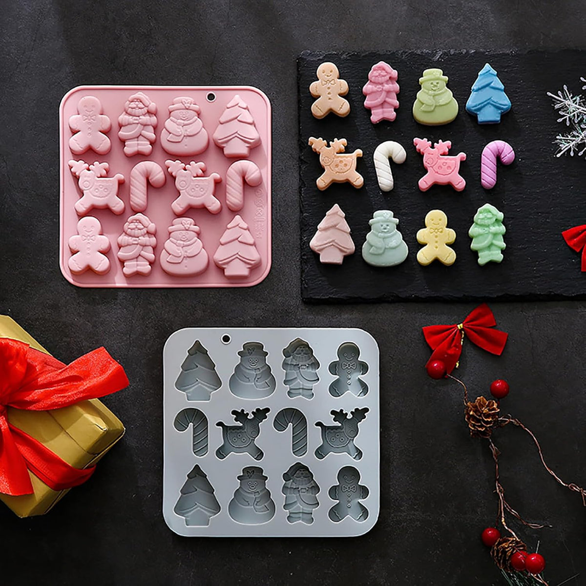 Christmas Silicone Chocolate Molds, 2Pcs Baking Molds Santa Claus Snowman Gingerbread Man Tree Walking Stick Elk 6 Shapes for Jelly Candy Ice Cube Fudge Resin