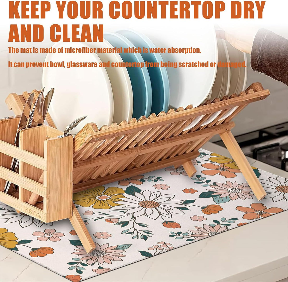 Boho Flower Dish Drying Mat for Kitchen Counter Microfiber Absorbent Dish Kitchen Drying Mat Draining Reusable Washable for Dishes/Utensils/Counterto