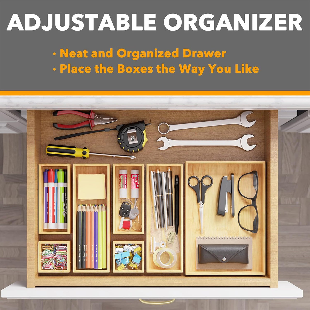 SpaceAid 7-Piece Bamboo Drawer Organizer Storage Boxes Set, Wood Tray Junk Drawer Organizers Multi-Use Divider Bins for Kitchen, Bathroom, Office Desk and Makeup Organization (7 Pack, Natural)