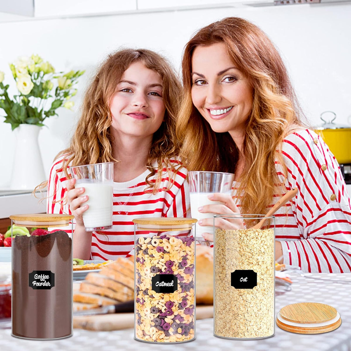 Glass Storage Jars 45 oz 4 Pcs Clear Glass Food Storage Containers with Airtight Bamboo Lid Stackable Kitchen Canisters for Candy, Cookie, Rice, Sugar, Flour, Pasta, Nuts