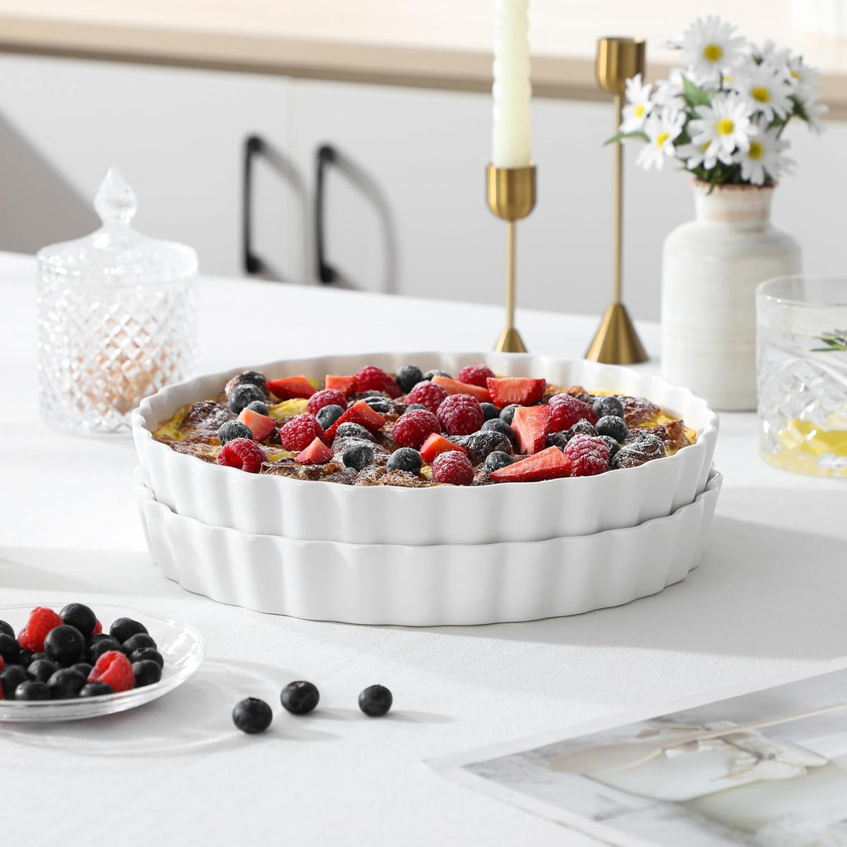 LOVECASA Porcelain Pie Pan Quiche Baking Dish,10 Inch Non-Stick Round Pie Dish Quiche Pan,Tart Pan with Ruffled Edge,Pie Plate for Apple, Quiche, Pot Pies, Tart,Set of 2, White