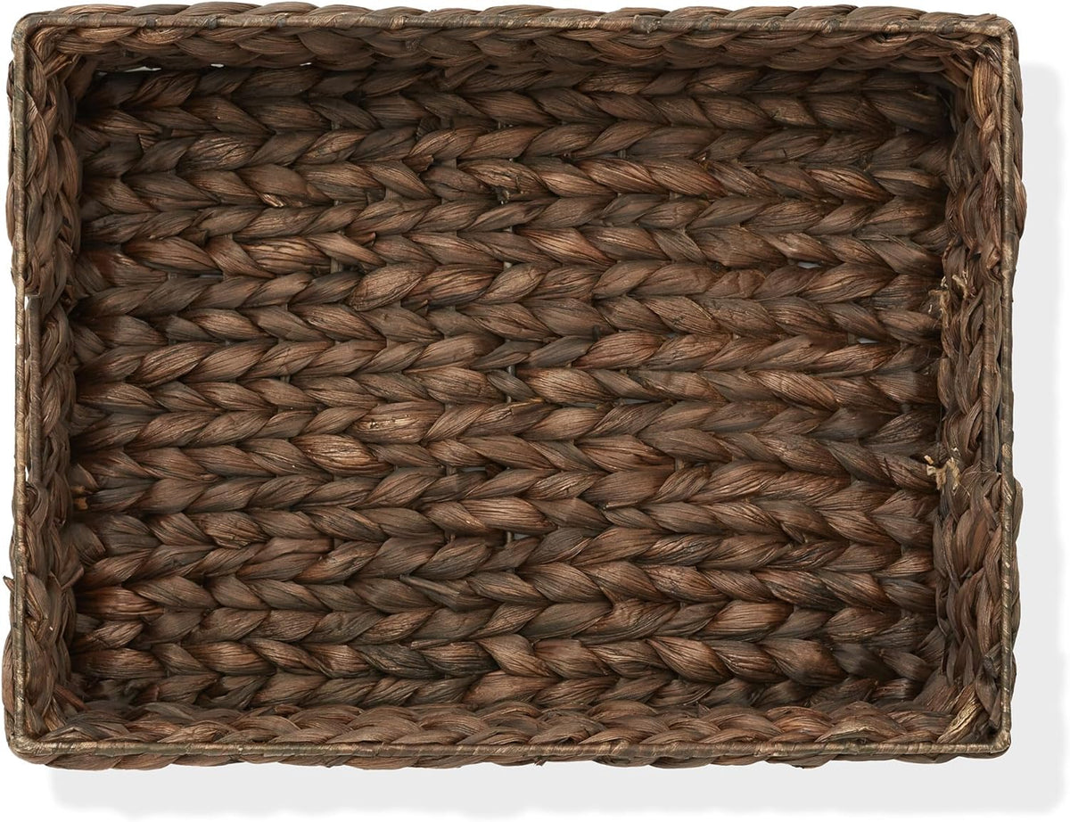 Casafield Set of 4 Water Hyacinth Pantry Baskets, 12-1/2" x 17" x 5", with Chalkboard Labels and Chalk Marker - Espresso, Woven Storage Bin Organizers for Kitchen Shelves