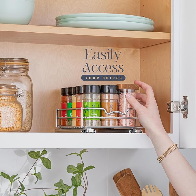 Pull Out Cabinet Organizer for Spices, Cans - Heavy Duty with Lifetime Limited Warranty- Pull Out Spice Rack- Cabinet Pull Out Shelf for Cans,Dishes, Etc, 6-1/2 "W x 10-1/2"D x 2-3/4โH, Chrome