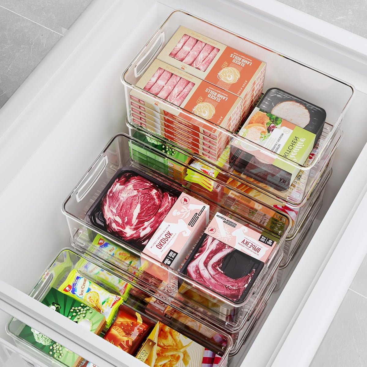 8 PACK Freezer Organizer Bins Clear Stackable Storage Bins with Side Handles for Fridge Organization and Storage Home Organization Must Haves