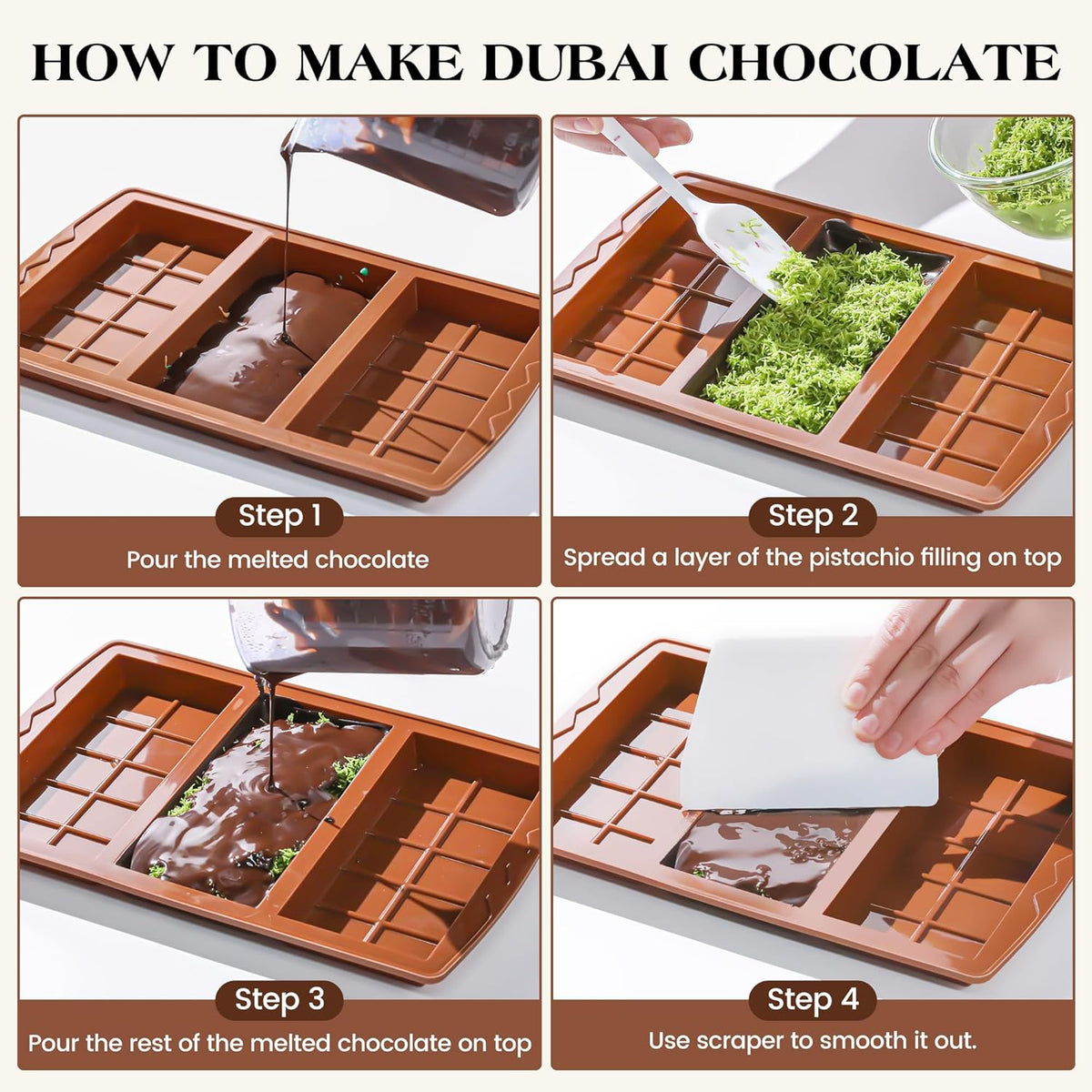 2 Pcs Dubai Chocolate Bar Mold Deep Stuffed Silicone Molds for Filling Knafeh Pistachio Chocolate Bar Large Thick Candy Bar Molds Break Apart (10 Snap)