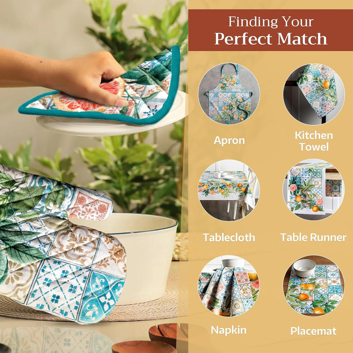 Maison d' Hermine Pot Holders 100% Cotton Heat Resistant Potholders 8" x 8" Hot Pads with Loop BBQ, Cooking, Baking, Grilling, Kitchen, Handling Hot Pans Spring/Summer (Pack of 1, Agrume)