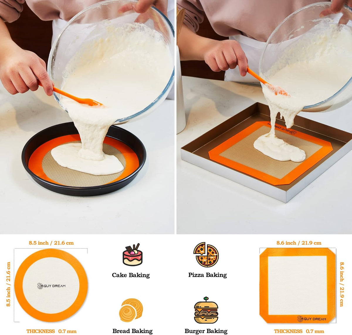 GUY DREAM All-in-One Silicone Baking Mat Set - Kneading Mat, Cookie & Macaron Half Sheet Mat, 1/4 Sheet Mat, Square & Round Cake Mats, Artisan Bread Mat - Ideal Gift for Baking