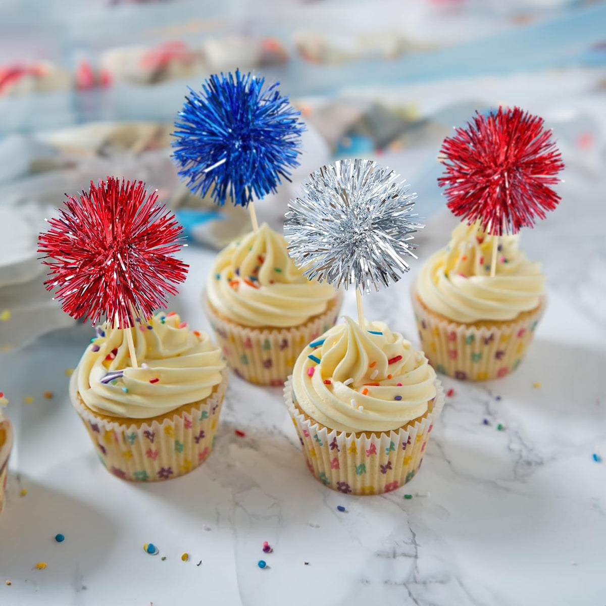 Gyufise 30Pcs Foil Firework Cupcake Toppers Sparkle Tinsel Cake Toppers Tinsel Drink Cake Decoration Cocktail Picks for Birthday Wedding Graduation Party Supplies Silver Dark Blue Red