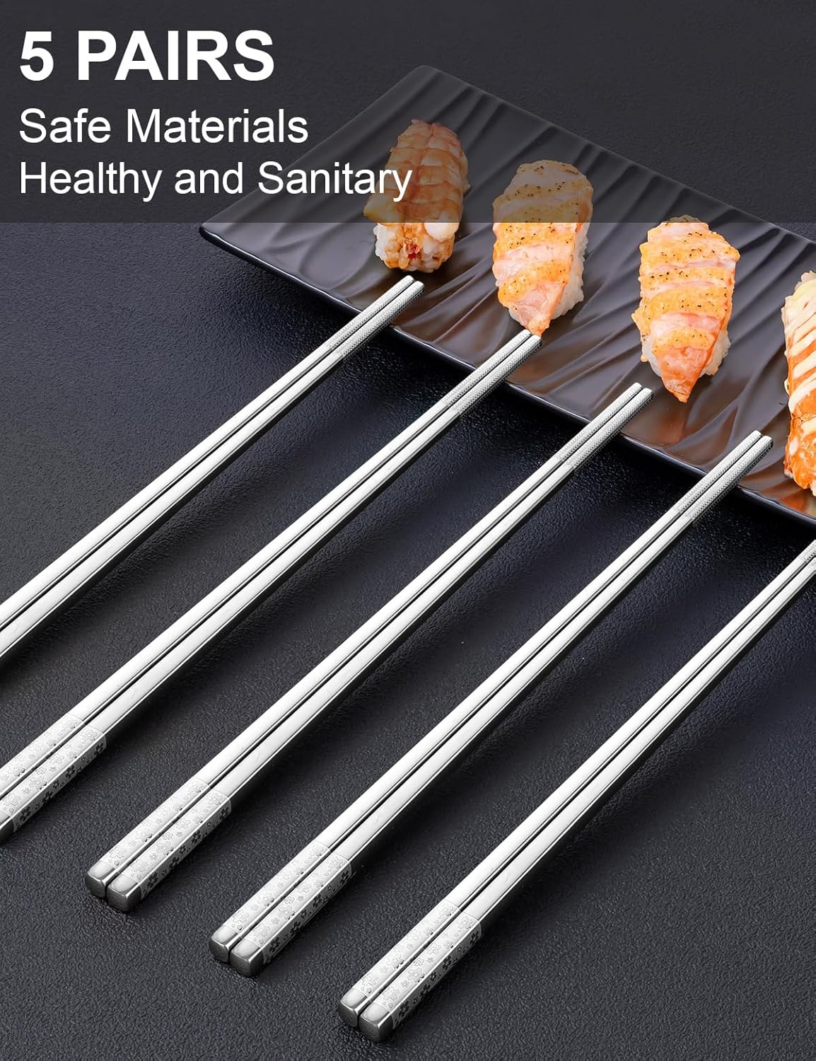 5 Pairs Metal Chopsticks Reusable 18/8 stainless steel Chopsticks Japanese Style Dishwasher Safe Lightweight Non-Slip Chop Sticks 9 1/4 Inches Present Set