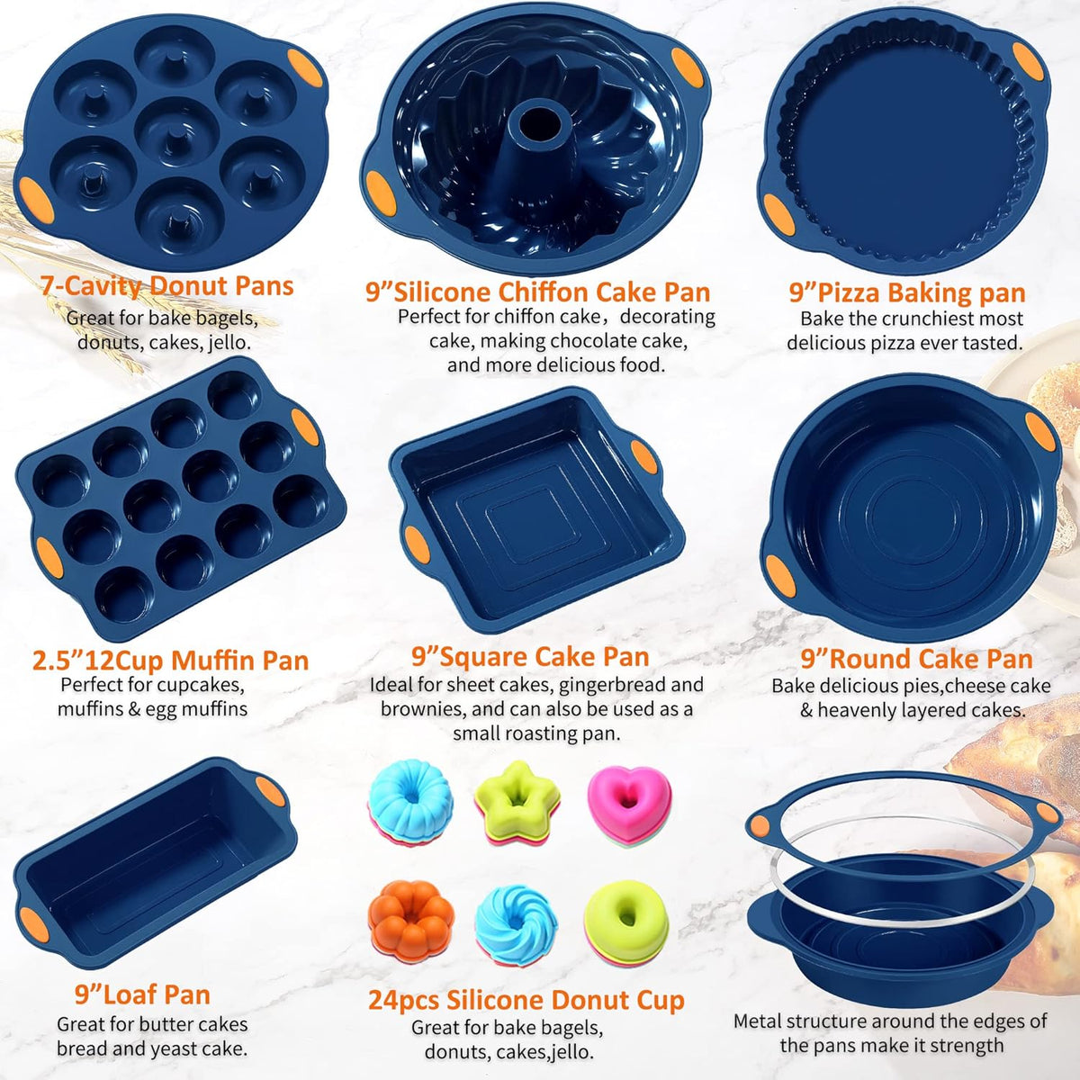 To encounter 31 Pieces Silicone Baking Pans Set, Nonstick Bakeware Sets, Non-Stick Silicone Molds, with Metal Reinforced Frame More Strength, Navy Blue