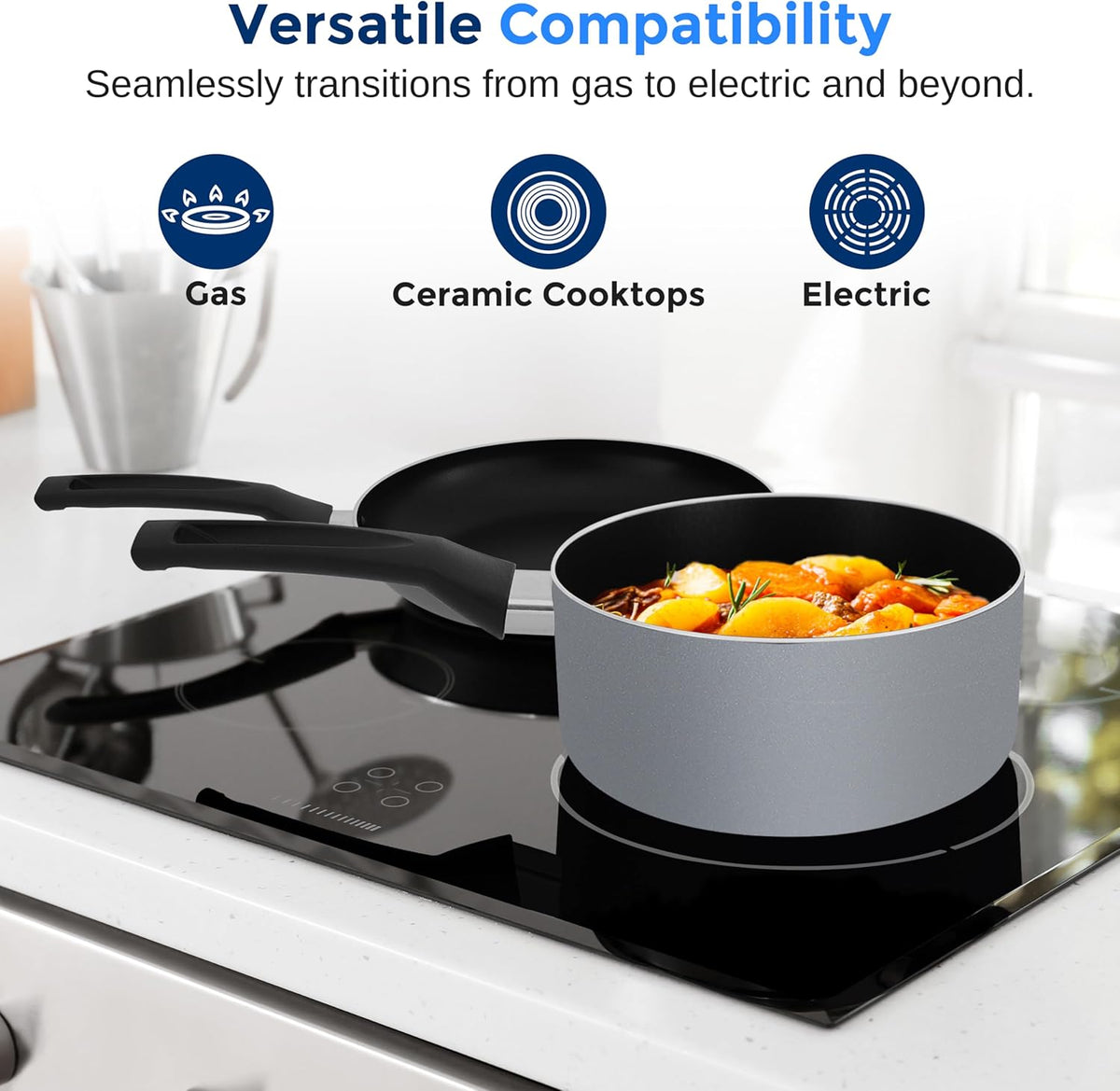 SereneLife Kitchenware Pots & Pans Basic Kitchen Cookware, Black Non-Stick Coating Inside, Heat Resistang Lacquer (11 Piece set), One Size, Gray