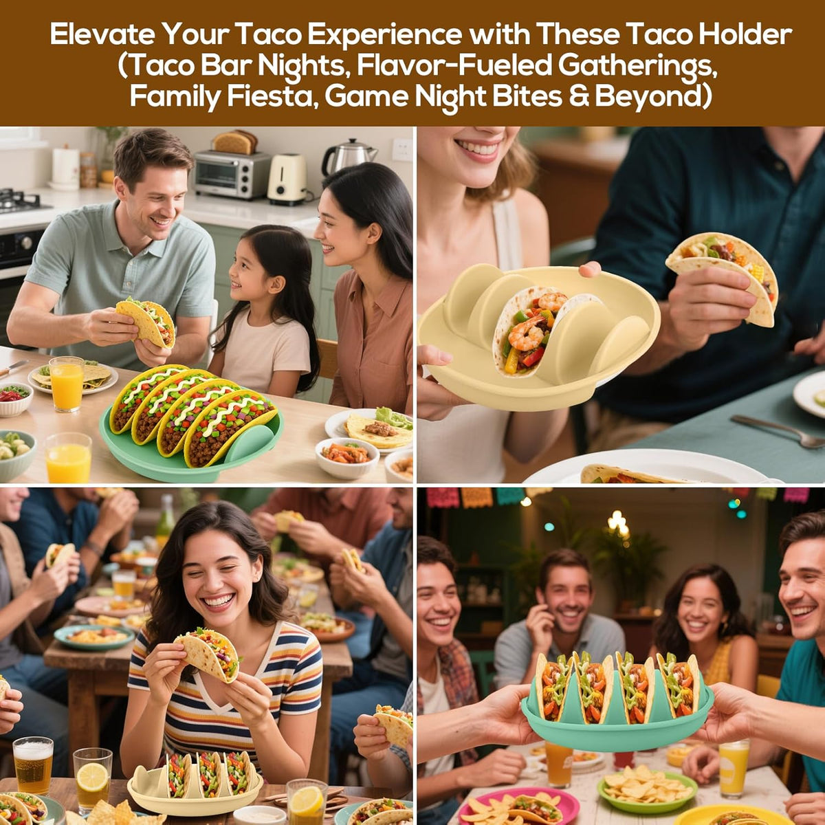 Silicone Taco Holder Plates Set of 2 - Reusable Taco Stand Plates with 4-Shell Slots, Oven/Microwave/Dishwasher Safe, Non-Slip Base for Tortillas Party Serving, Family Dinner & Meal Prep Accessories