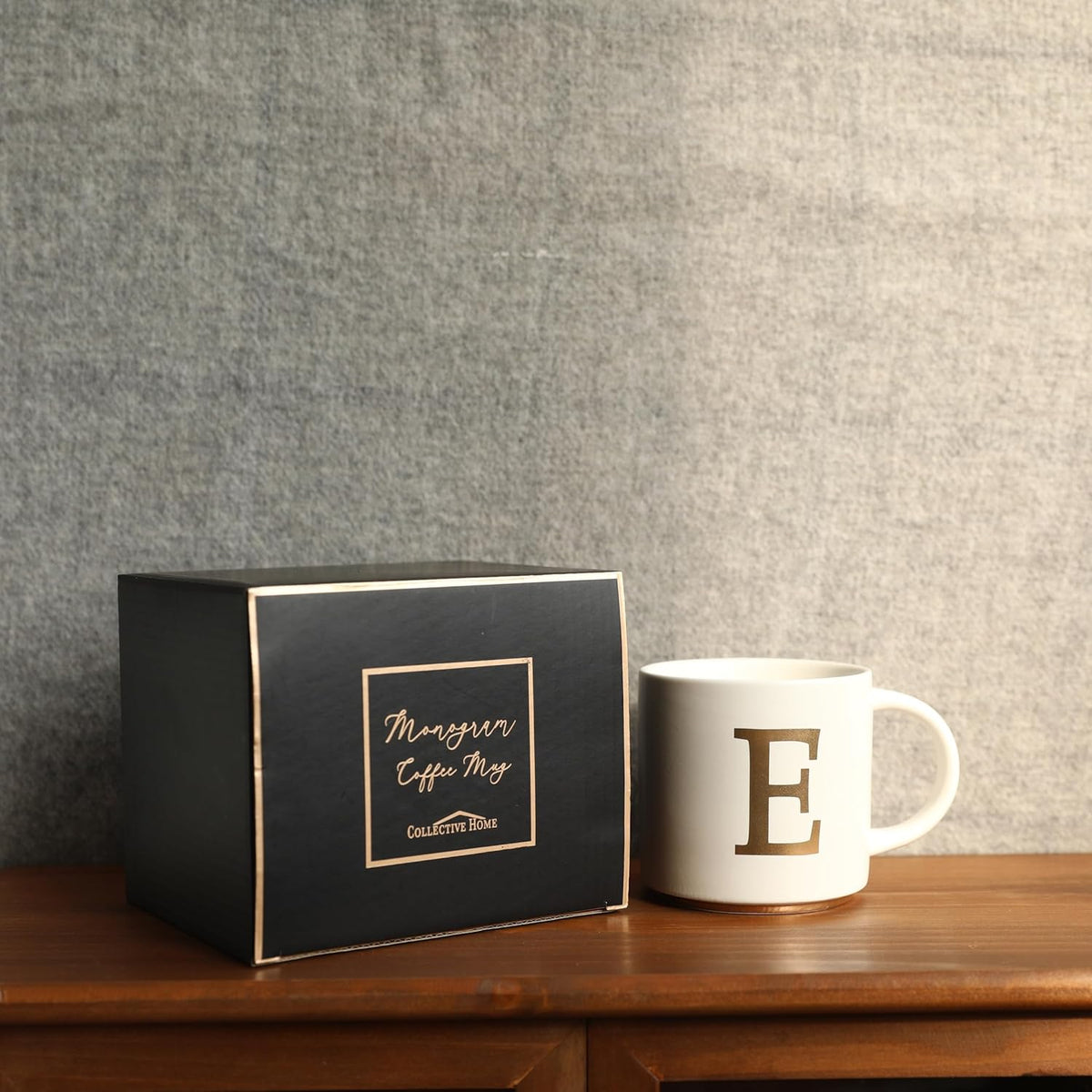 COLLECTIVE HOME - Monogram Ceramic Mugs, 15 oz Golden Initial Coffee Cups, Elegant Alphabet Tea Mugs, Elegant Personalized Mug with Gift Box, Unique Mug with Double Side Capital Letter (E)