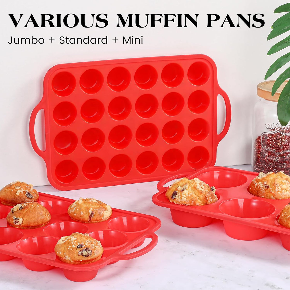 2 Pcs Jumbo Muffin Pan with Metal Frame, Nonstick 6 Cup Extra Large Cupcake Pan for Baking, Silicone Deep Muffin Tray for Egg Bites (Red)