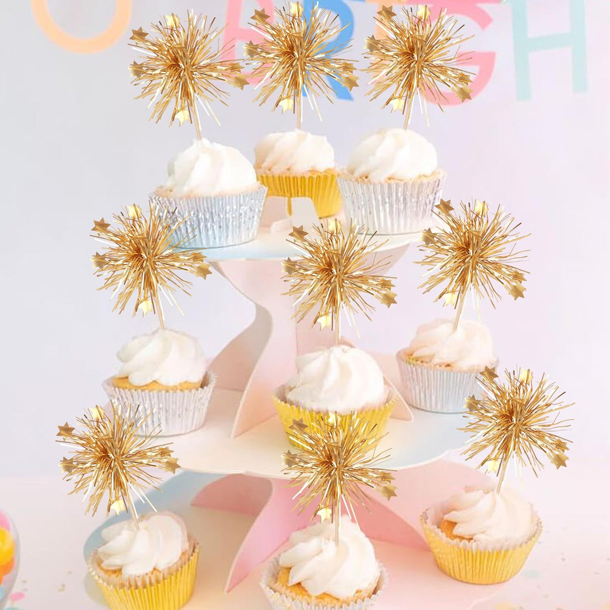 30 PCS Foil Firework Cupcake Toppers Happy Birthday Cake Toppers Star Sparkle Tinsel Flower Drink Stirrers Cocktail Fruit Toothpicks for Valentine's Day Baby Shower Birthday Party Supplies Gold