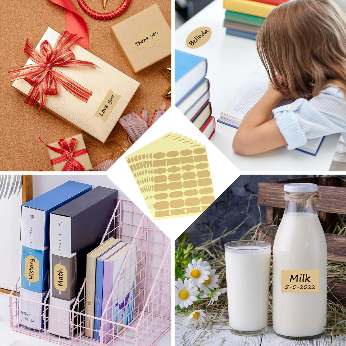 Wisdompro Assorted Shape Label Stickers, Self Adhesive Gift Tag Stickers Blank Writable Labels for Essential Oil Bottles, Jars, Food Containers (256 Pcs, Small)