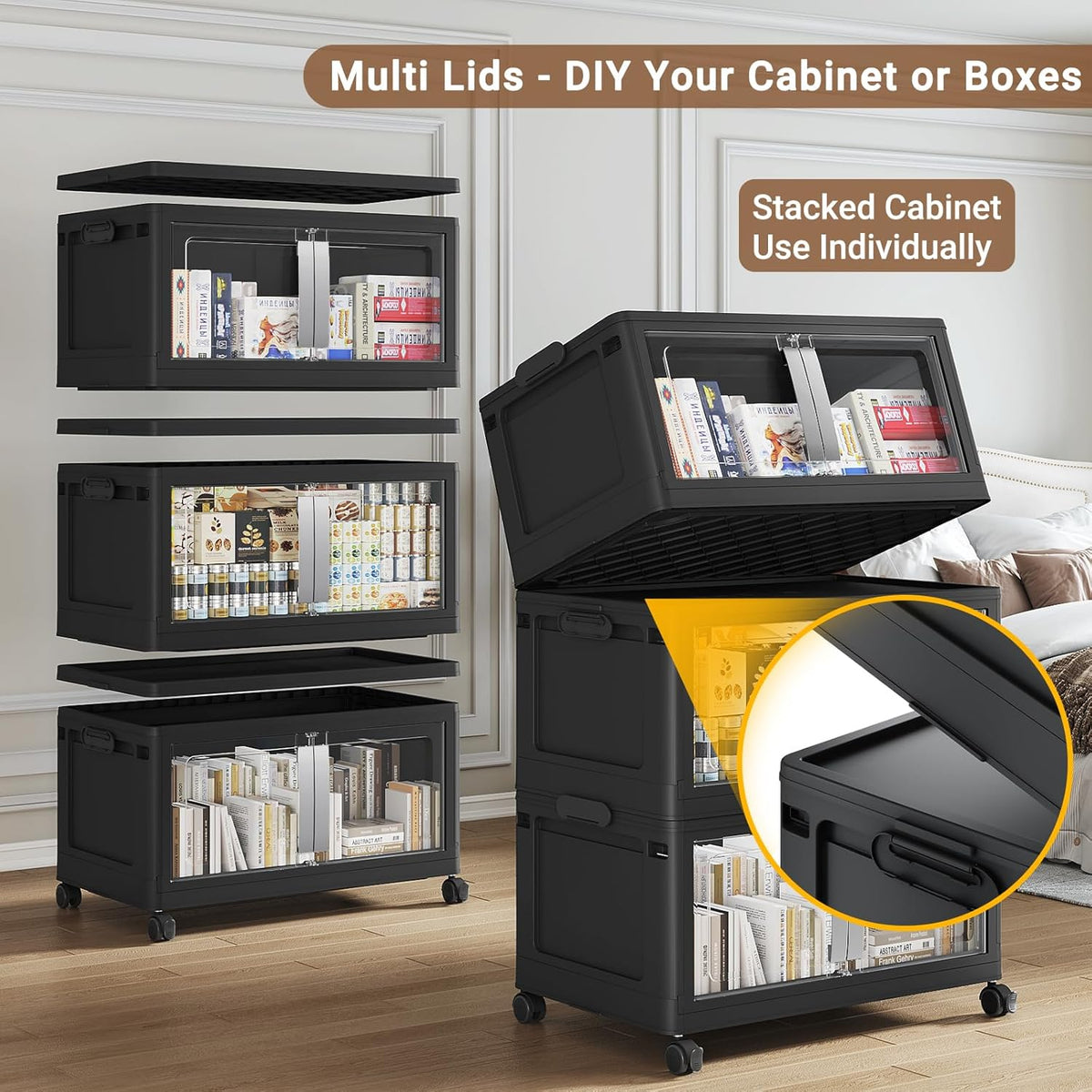 480QT Stackable Storage Bins with Lids, 120Gal Extra Large Collapsible Storage Box with Wheel, Plastic Storages with Clear Door Open Front for Home Bedroom Garage, Black-3pack(3 lids)