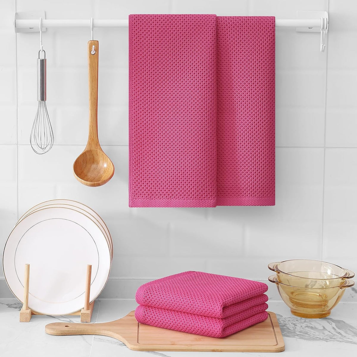 Kitinjoy 100% Cotton Waffle Weave Kitchen Towels, 8-Pack Super Soft and Absorbent Dish Towels for Drying Dishes, Kitchen Hand Towels, 13 in x 28 in, Hot Pink
