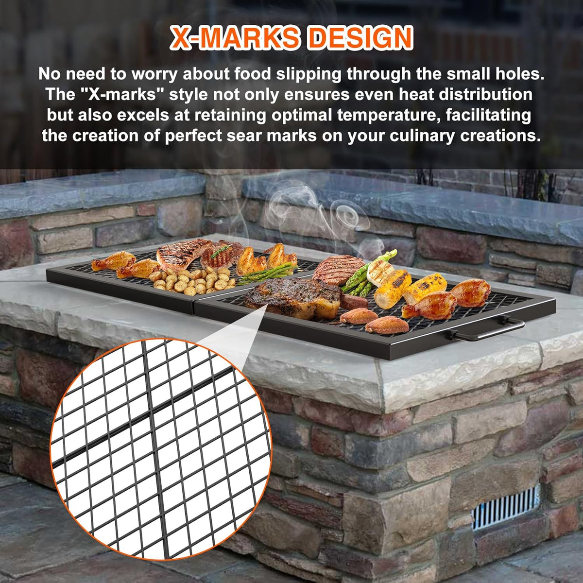 Onlyfire Foldable X-Marks Fire Pit Cooking Grate, Portable Rectangle Campfire Grill Grate with Handles, Heavy Duty Steel Campfire BBQ Grill for Outdoor, 36 inch