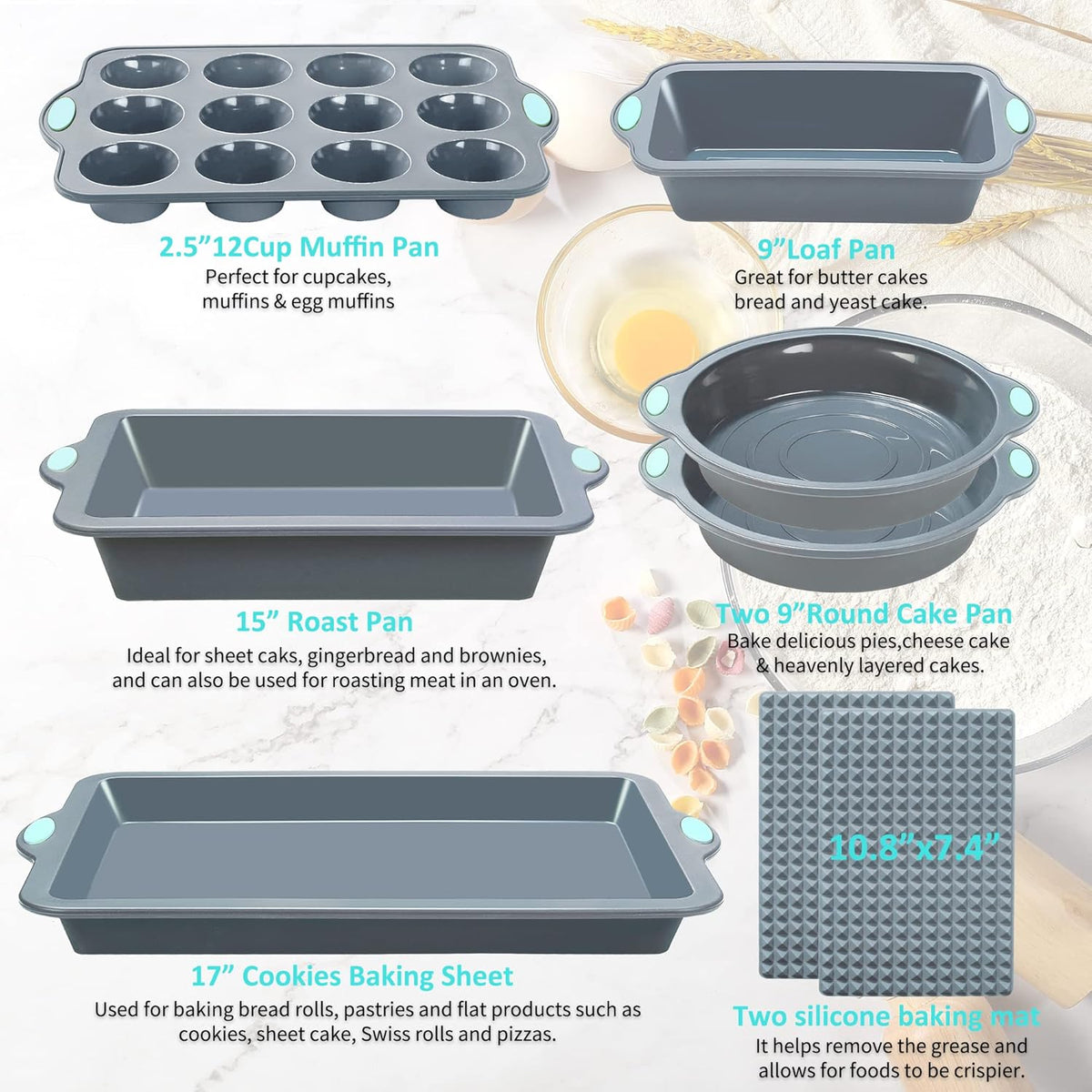 To encounter 8 in 1 Silicone Baking Set - 6 Cake Molds - 2 Silicone Baking Mat, Nonstick Cookie Sheet, Cake Muffin Bread Pan with Grips and Metal Reinforced Frame More Strength, Light Grey