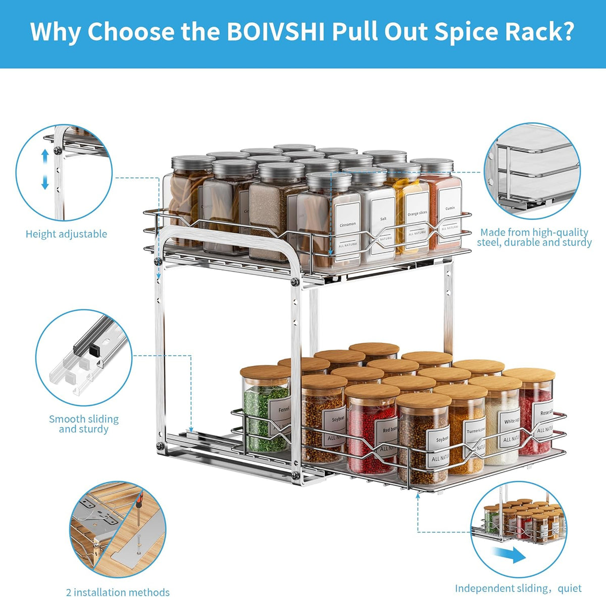 Pull Out Spice Rack, 2 Tier Spice Organization for Cabinet, Heavy Duty Spice Rack, 9-1/4 inch Wide - Spice Racks for Inside Cabinets, Kitchen, Pantry - Chrome, 9.25”W x 10.39”D x 9.76”H