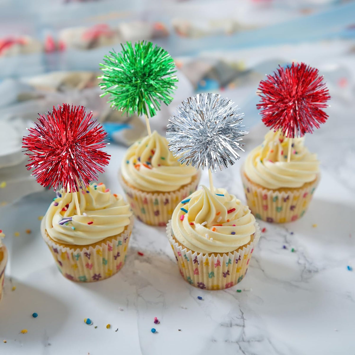 Gyufise 30Pcs Foil Firework Cupcake Toppers Sparkle Tinsel Cake Toppers Tinsel Drink Cake Decoration Cocktail Picks for Birthday Wedding Graduation Party Supplies Silver Green Red