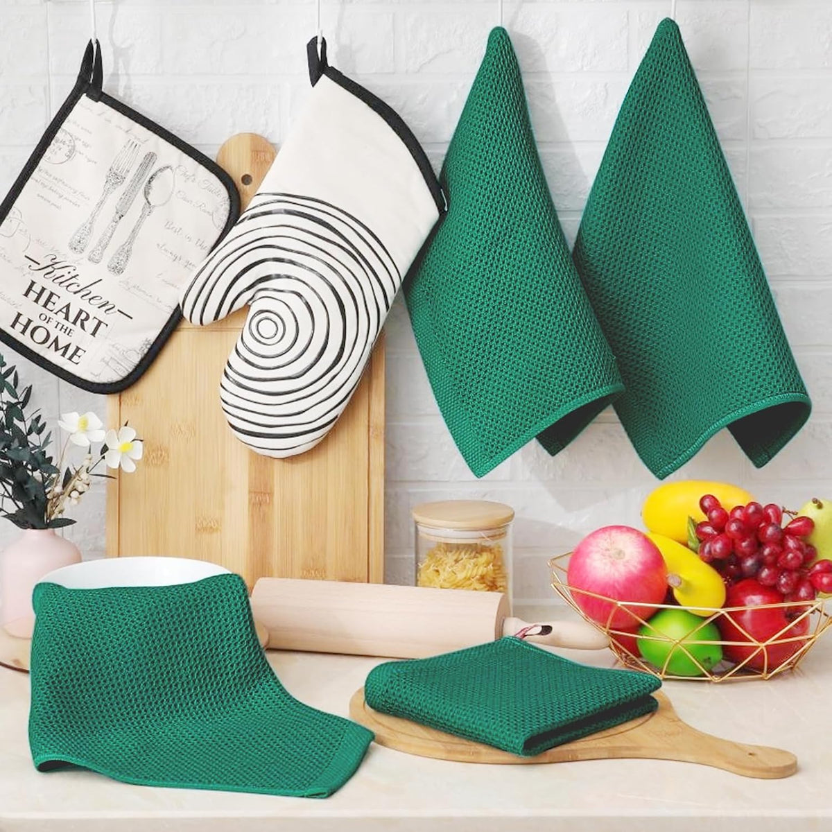 Homaxy 100% Cotton Waffle Weave Kitchen Dish Cloths, Ultra Soft Absorbent Quick Drying Dish Towels, 12 x 12 Inches, 6-Pack, Dark Green
