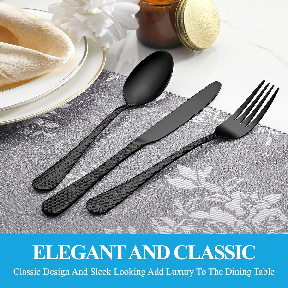 30 Pcs Black Hammered Silverware Set Service for 6,Stainless Steel Flatware Set,Mirror Polished Cutlery Utensil Set,Durable Kitchen Eating Tableware Set,Include Fork Knife Spoon Set,Dishwasher Safe