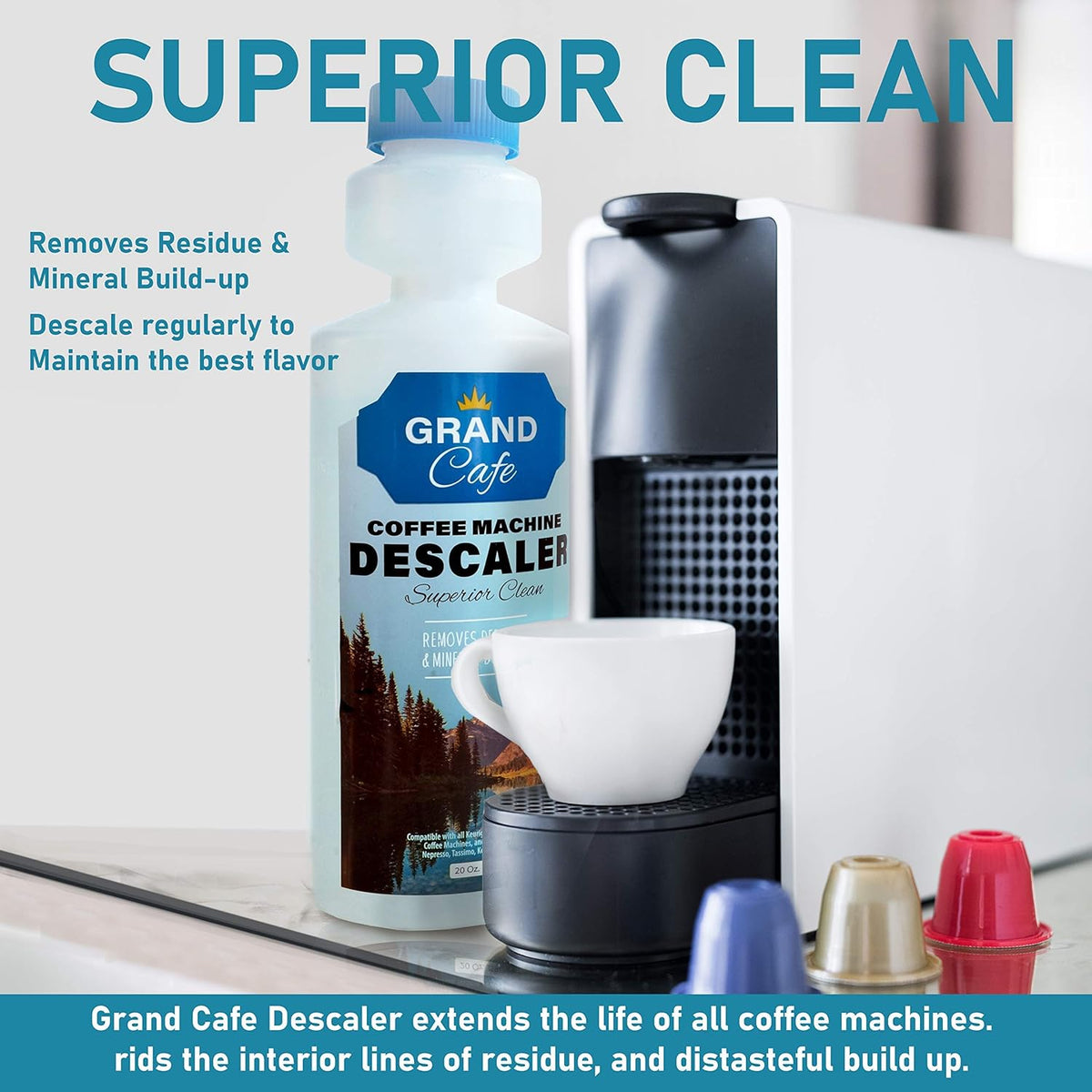 Grand Cafe – Universal descaling solution - Perfect Measure Bottle (20 oz, 5 uses per bottle) for Keurig, Nespresso, Delonghi and All Single Use Coffee Pot and Espresso Machines