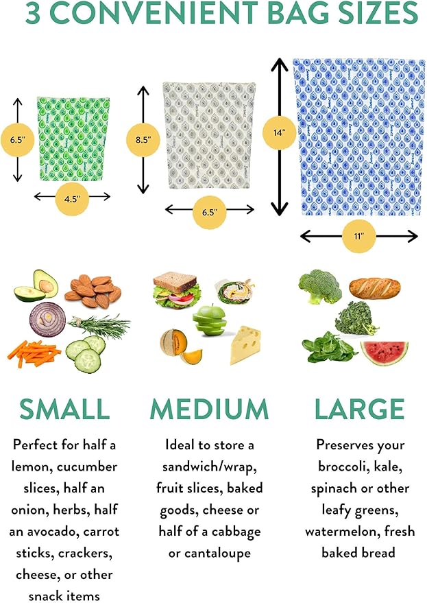 Beeswax Wrap Storage Bag, Reusable Food Storage Bags, Pack of 6, Plastic Free Biodegradable Food Wrap Alternative, Family Pack, 3 Small + 2 Medium + 1 Large, (Orange)