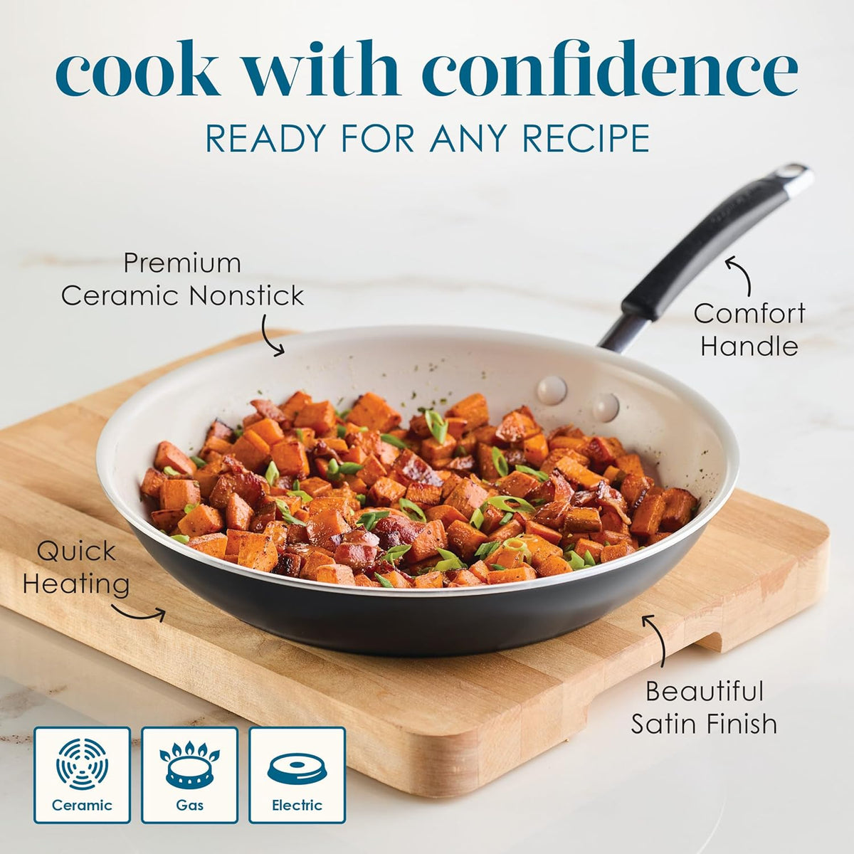 Rachael Ray Cucina Ceramic Nonstick Frying Pan/Skillet, 12.5 Inch Non Stick Open Fry Pan, Dishwasher Safe - Peppercorn