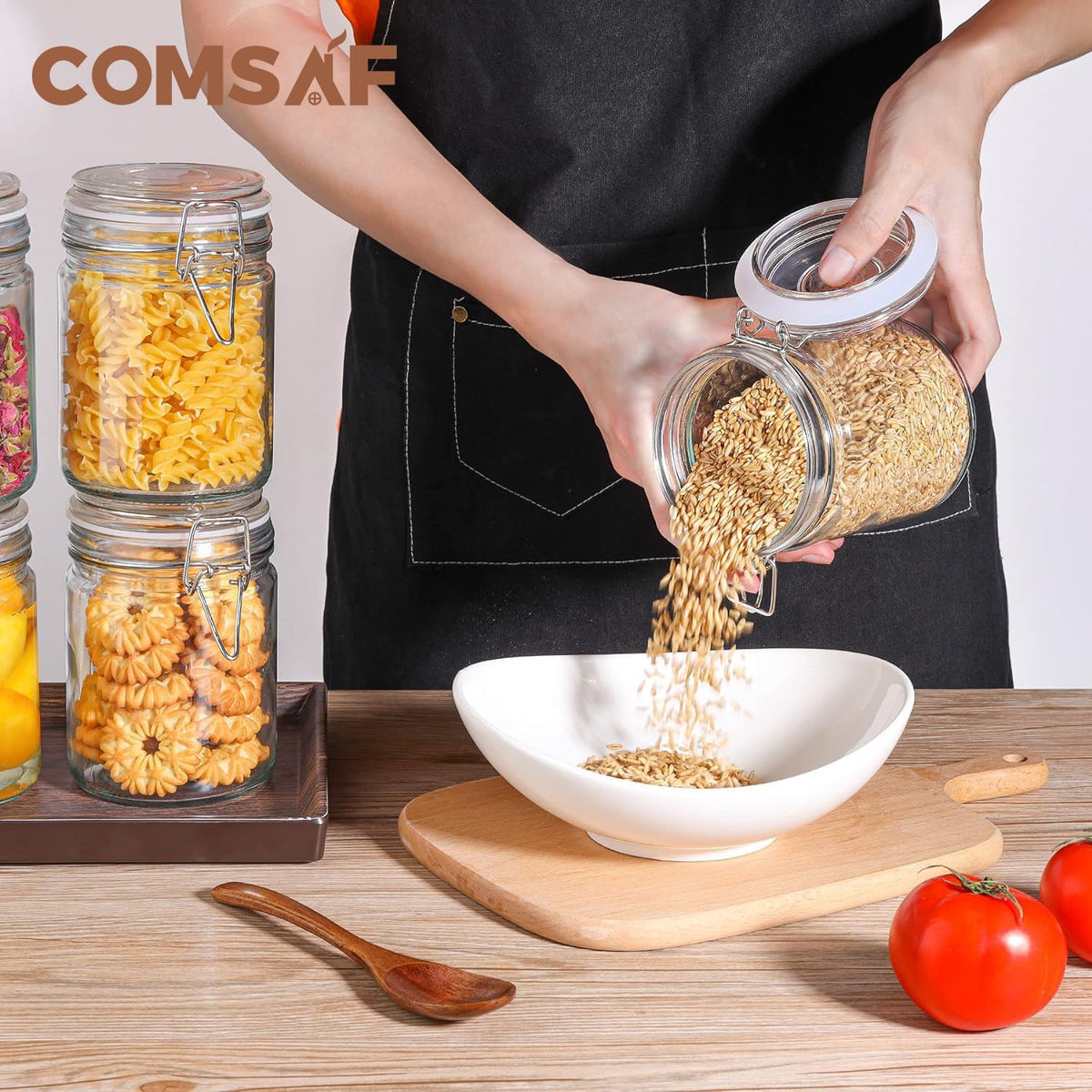 ComSaf Airtight Glass Canister with Lid Set of 6, 25oz Food Storage Jar, Mason Jars, Storage Container with Seal Wire Clamp Fastening for Kitchen Fermenting Preserving Canning Pasta Flour Cereal