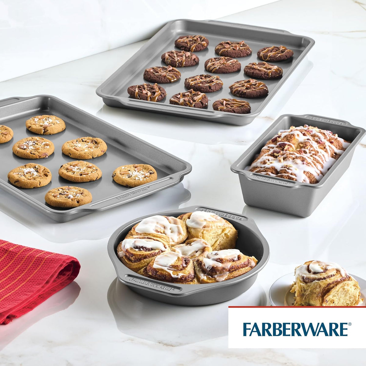Farberware Steel Nonstick Baking, Includes Cookie, Loaf/Meatloaf, Cake Pan, 4 Piece Non Stick Bakeware Set, Gray