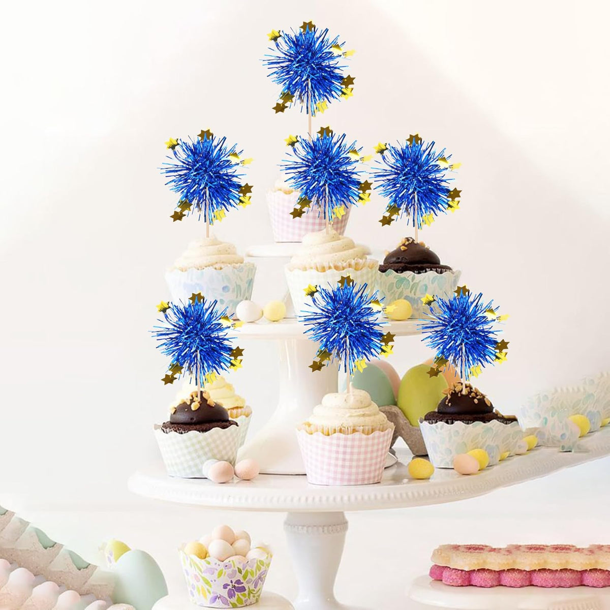 30 PCS Foil Firework Cupcake Toppers Happy Birthday Star Cupcake Picks Sparkle Tinsel Drink Stirrers Cocktail Fruit Toothpicks for Valentine's Day Wedding Birthday Party Decorations Supplies Blue